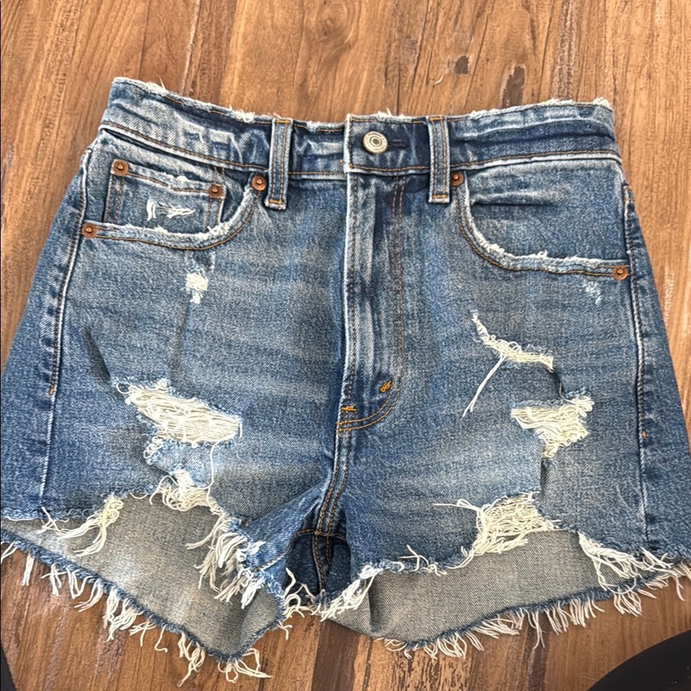 Distressed Blue Denim Shorts Abercrombie The Mom Short High Rise